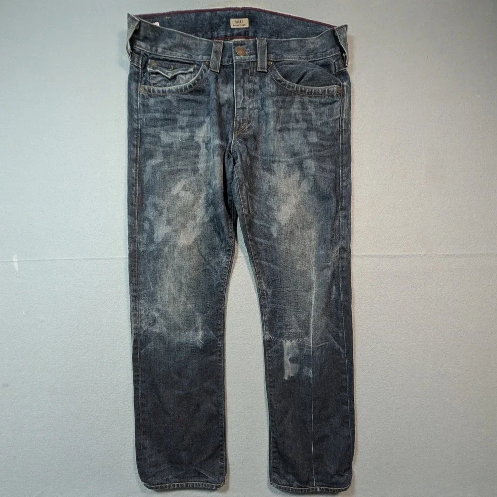 True Religion Ricky Relaxed Straight Jeans‎ Mens 36 Blue Distressed Selvedge